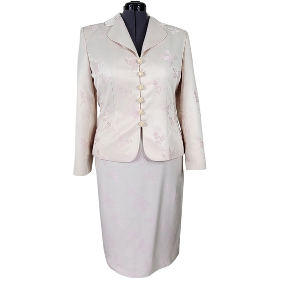 Sag Harbor Midi Skirt Suit Size 16 Beige Pink Floral Damask Long Sleeve Blazer - Picture 1 of 9